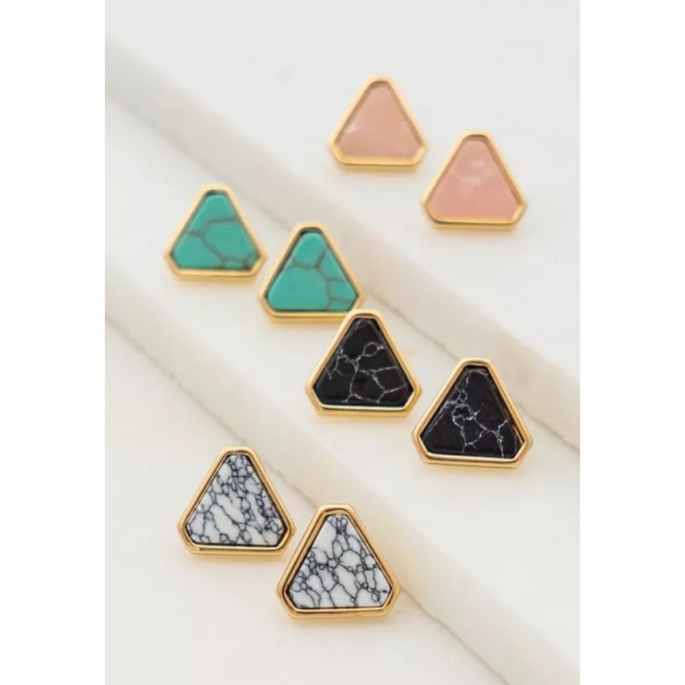 White Natural Stone Triangle Stud Boho Earrings - Picture 2 of 3